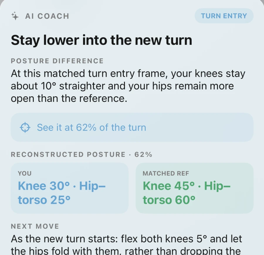 An AI coaching cue naming the posture difference and the next move