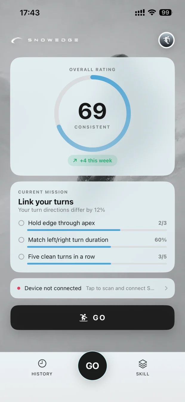The app home screen: an overall rating and the current mission