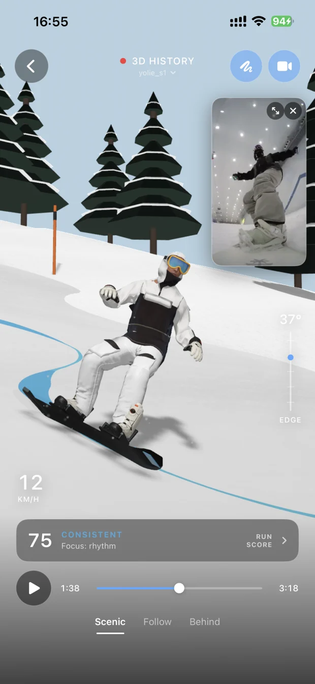 The replay seen from behind the rider, with the board's swept contact band drawn on the snow