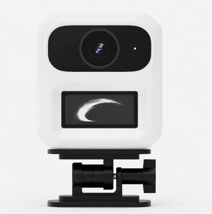 Front of the module: wide-angle camera above an e-ink face showing the logomark