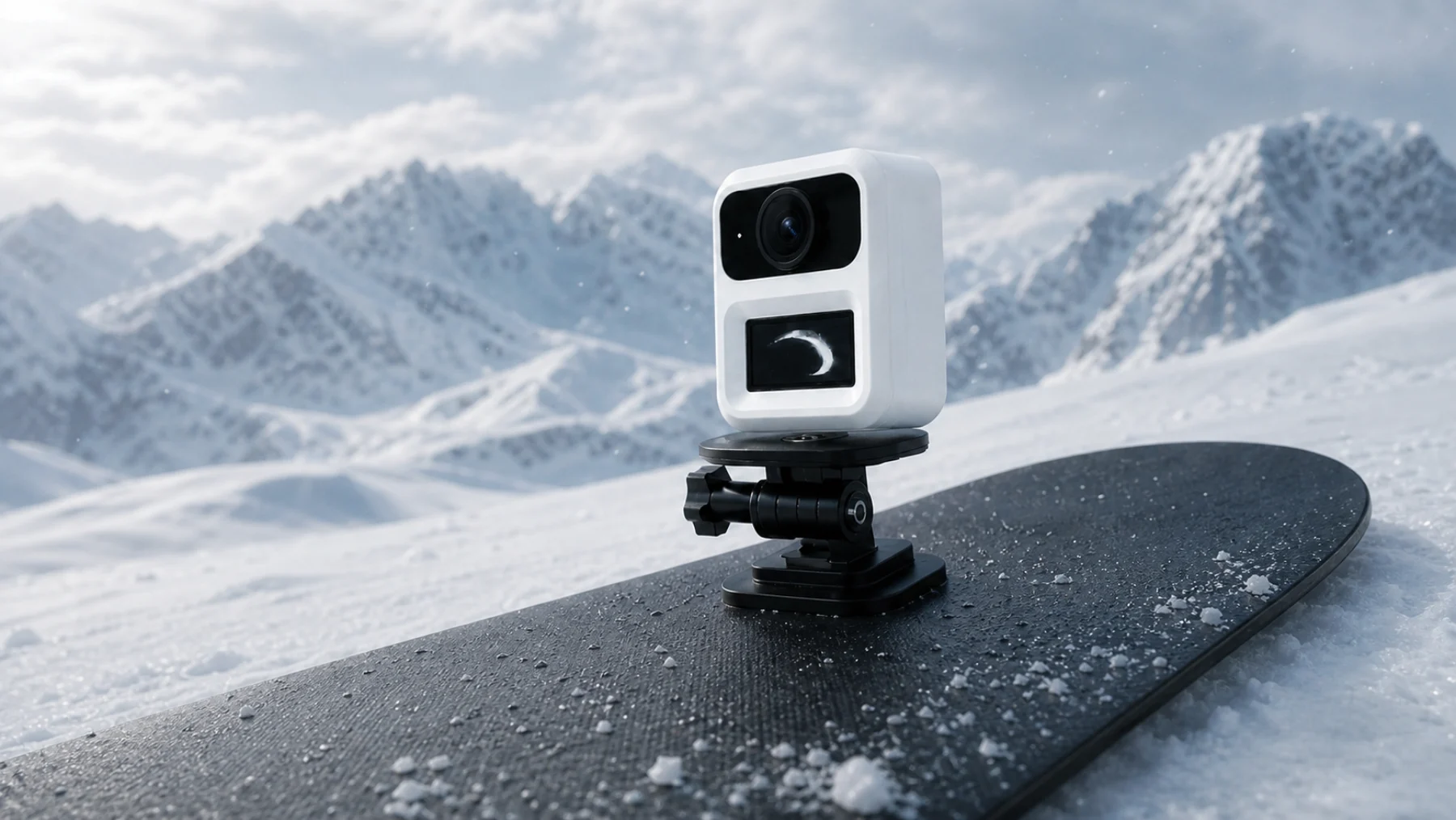 The SnowEdge module mounted on a snowboard against snow-covered mountains