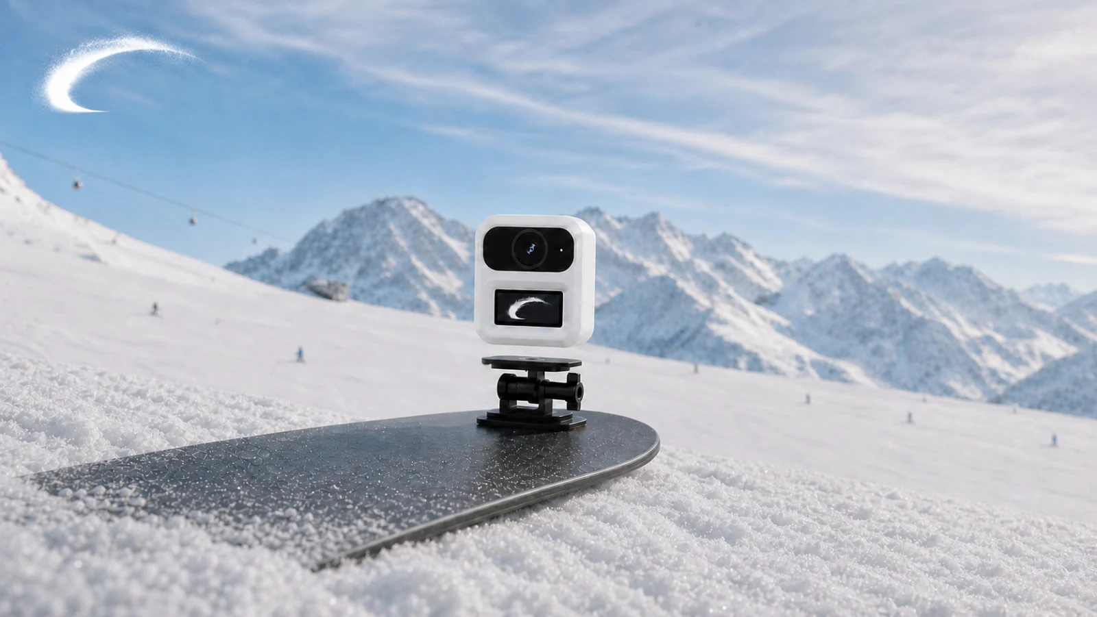 The module on a board on a groomed piste under blue sky